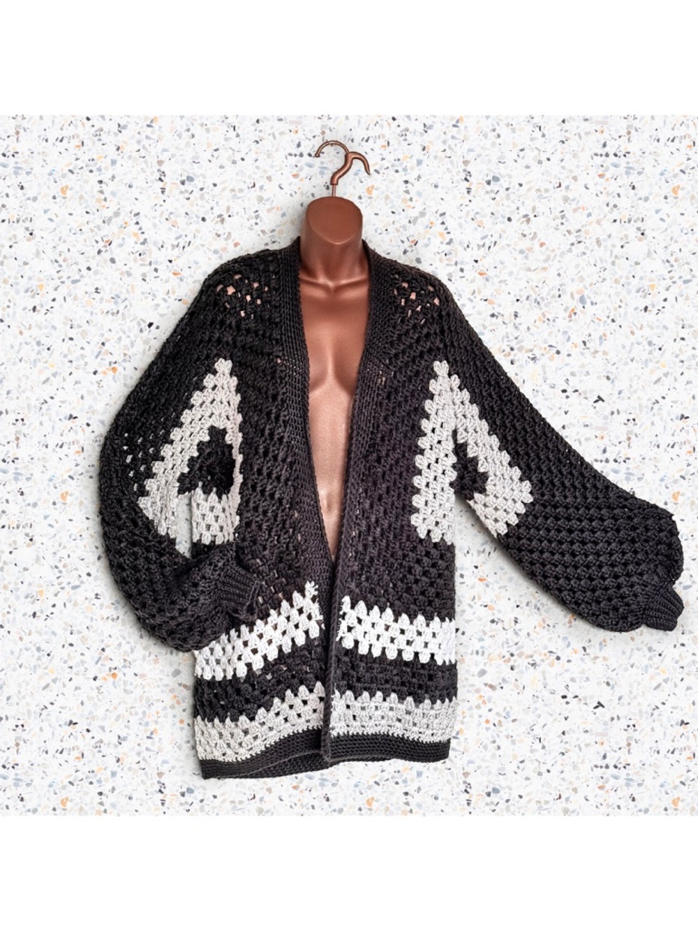 Handmade Crochet Hexagon Cardigan Black White Boho Grunge Granny Sweater Sz XL